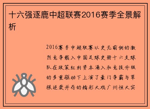 十六强逐鹿中超联赛2016赛季全景解析