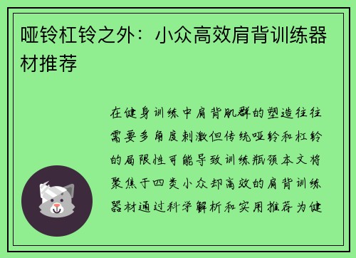 哑铃杠铃之外：小众高效肩背训练器材推荐