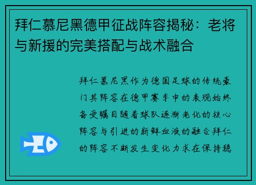 拜仁慕尼黑德甲征战阵容揭秘：老将与新援的完美搭配与战术融合